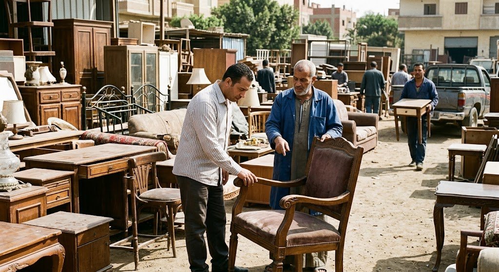 فريق تقييم وشراء الأثاث المستعمل يفحص طقم كنب فاخر داخل فيلا بحي أبحر في جدة لضمان أفضل تسعير وتوفير نقل فوري