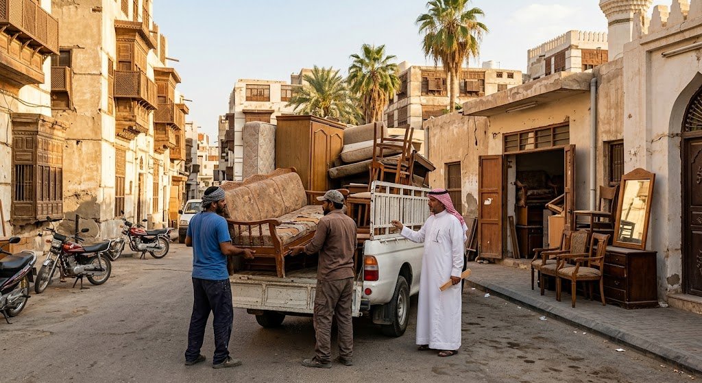 مجموعة من العمالة المدربة تقوم بفك وتغليف قطع الأثاث المكتبي والمنزلي بعناية تامة ضمن خدمات شراء الاثاث المستعمل حى السلامة بجدة لضمان نقلها بدون خدوش وبسرعة فائقة