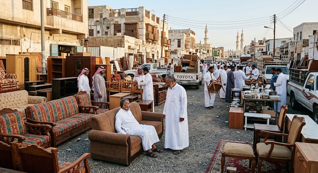 فريق عمل متخصص يقوم بتغليف وتحميل قطع العفش والأجهزة الكهربائية ضمن خدمات شراء الأثاث المستعمل الخالدية بجدة بحرفية عالية وسرعة لتوفير مساحات جديدة في المنزل