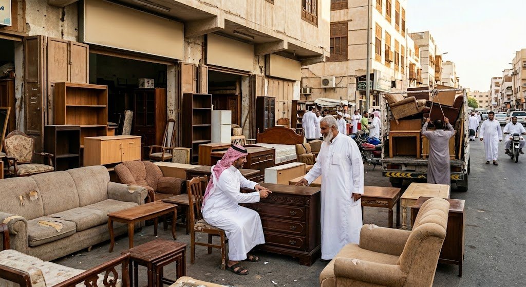 مجموعة من المقتنيات المنزلية المرتبة بعناية فائقة تمهيداً لنقلها بعد إتمام مهام شراء الاثاث المستعمل حي الروضة بجدة بشكل احترافي وسريع لتجديد المساحات