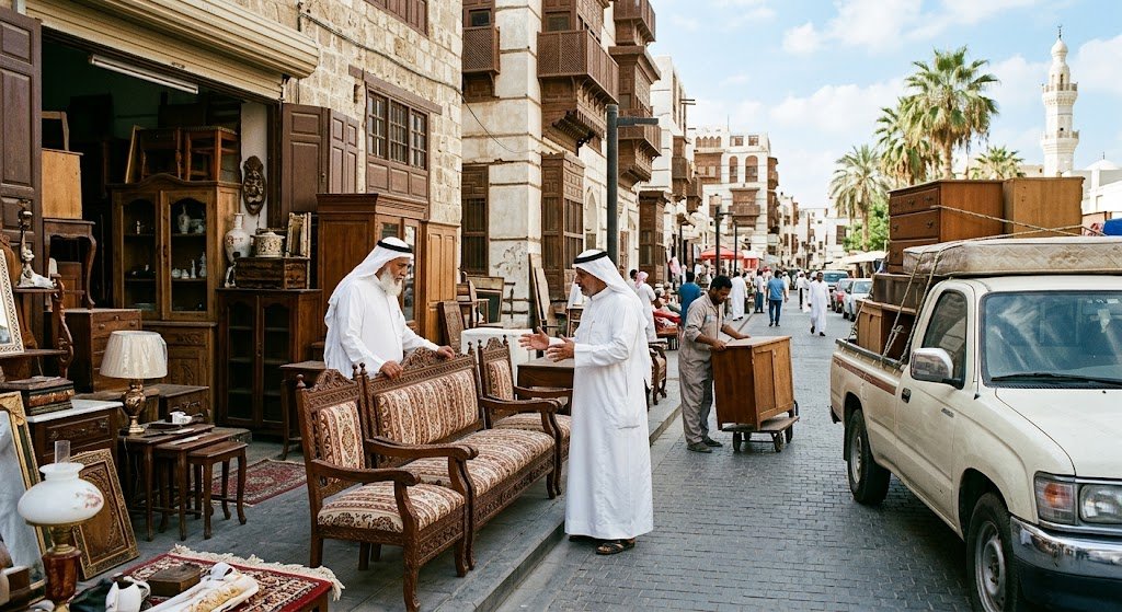 فريق عمل محترف يقوم بمعاينة وتحميل قطع أثاث منزلي ومكتبي بعناية فائقة ضمن خدمات شراء الاثاث المستعمل حي الخالدية بجدة لتوفير مساحات جديدة بأمان وسرعة