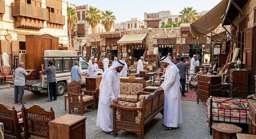 عربات نقل مجهزة ورافعات حديثة تعمل على تحميل مقتنيات منزلية ومفروشات بعد تقييمها ضمن مهام شراء الاثاث المستعمل حي السلامة بجدة بدقة عالية وأمان تام