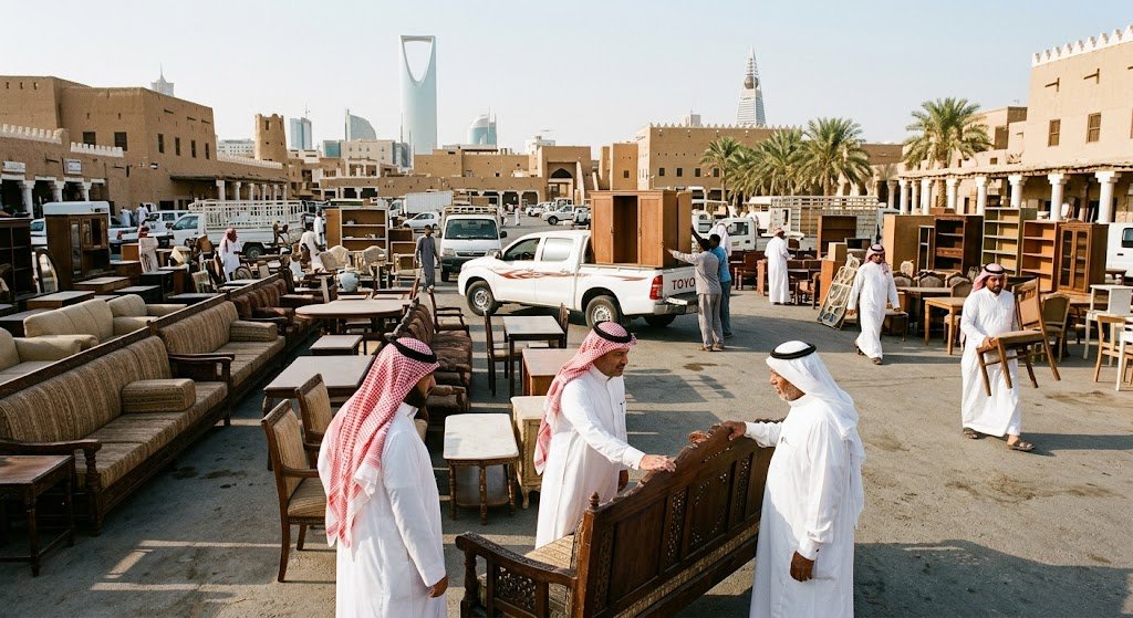 مجموعة من قطع العفش والمفروشات المرتبة بعناية تمهيداً لعملية التغليف والنقل الآمن ضمن خدمات شراء الاثاث المستعمل حي المرجان بجدة بأساليب احترافية وميسرة
