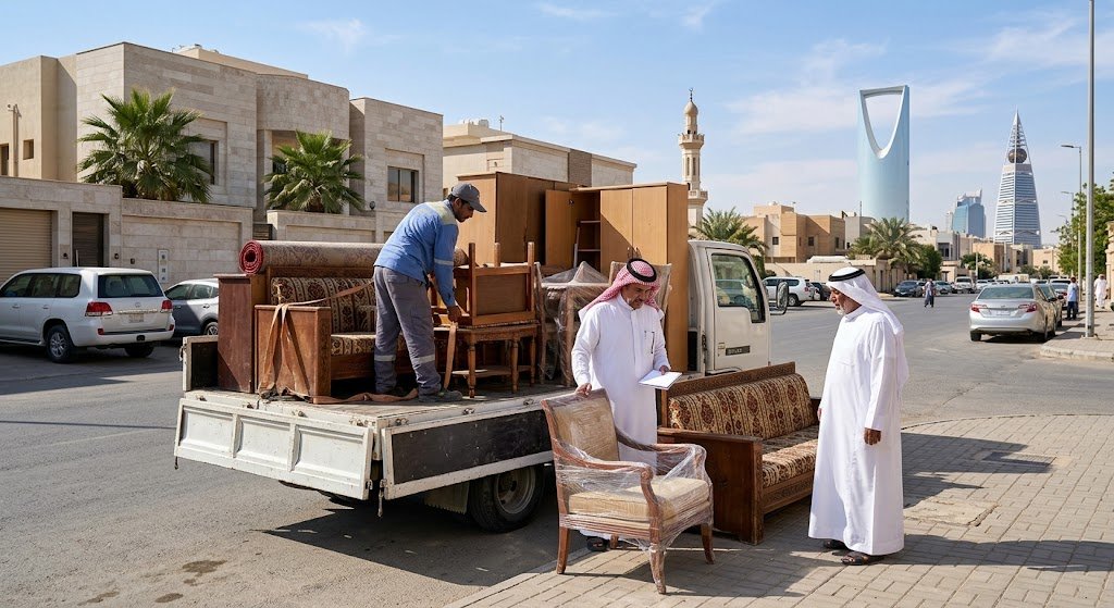 فريق عمل متخصص يقوم بتقييم وتغليف قطع خشبية وكهربائية ضمن خدمات شراء الاثاث المستعمل حي الجامعة بجدة بحرفية عالية وسرعة في الإنجاز لتسهيل عملية النقل